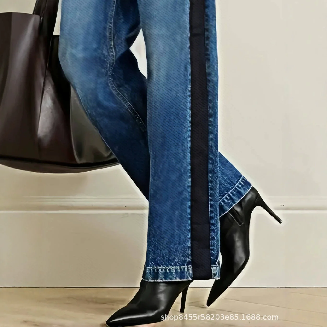 Colorblock Straight Jeans Women Floor Length Washed Pockets Patchwork Elastic Waist Lace Up Denims Straight Trousers Streetwear