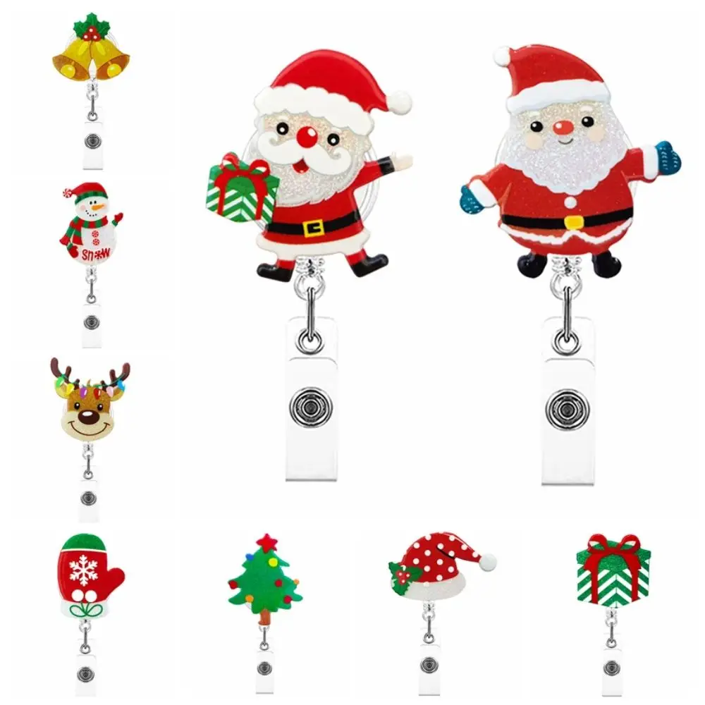 Acrylic Christmas Badge Reel Santa Claus Gingerbread Retractable Badge Holder Cartoon Glitter Shiny ID Card Holder Name Card