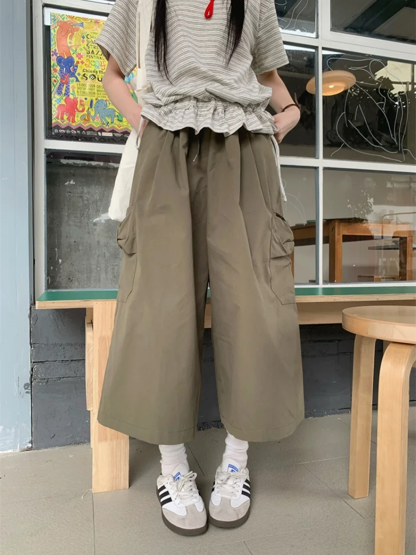 

Alien Kitty Army Green Casual Ankle Length Pants Summer Women Wide Leg High Waist 2026 Mujer Streetwear Loose New Daily Camping