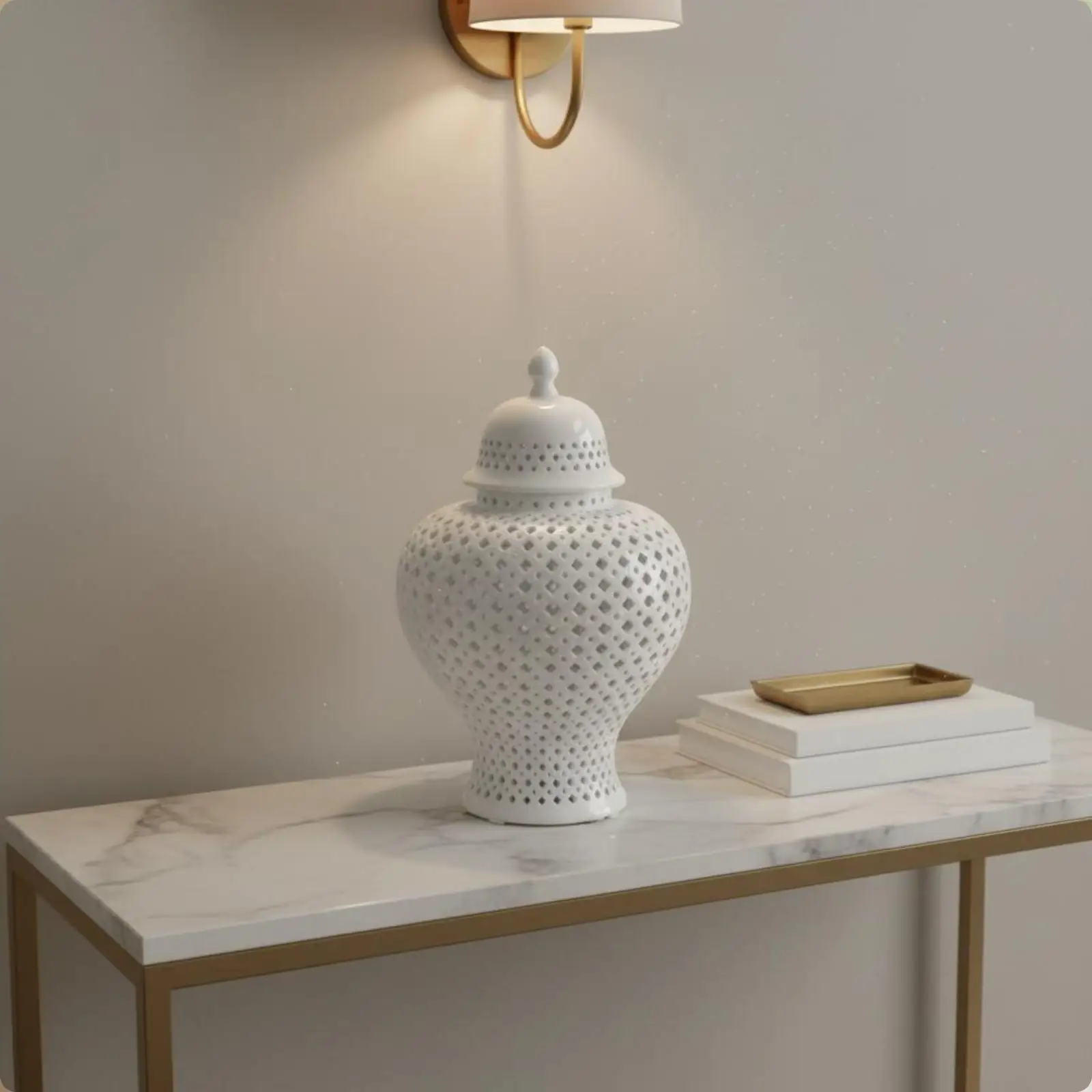 Baroque Ceramic Jar with Lid Finial Top Hollow Out Vase for Living Room Shelf Entryway Decoration