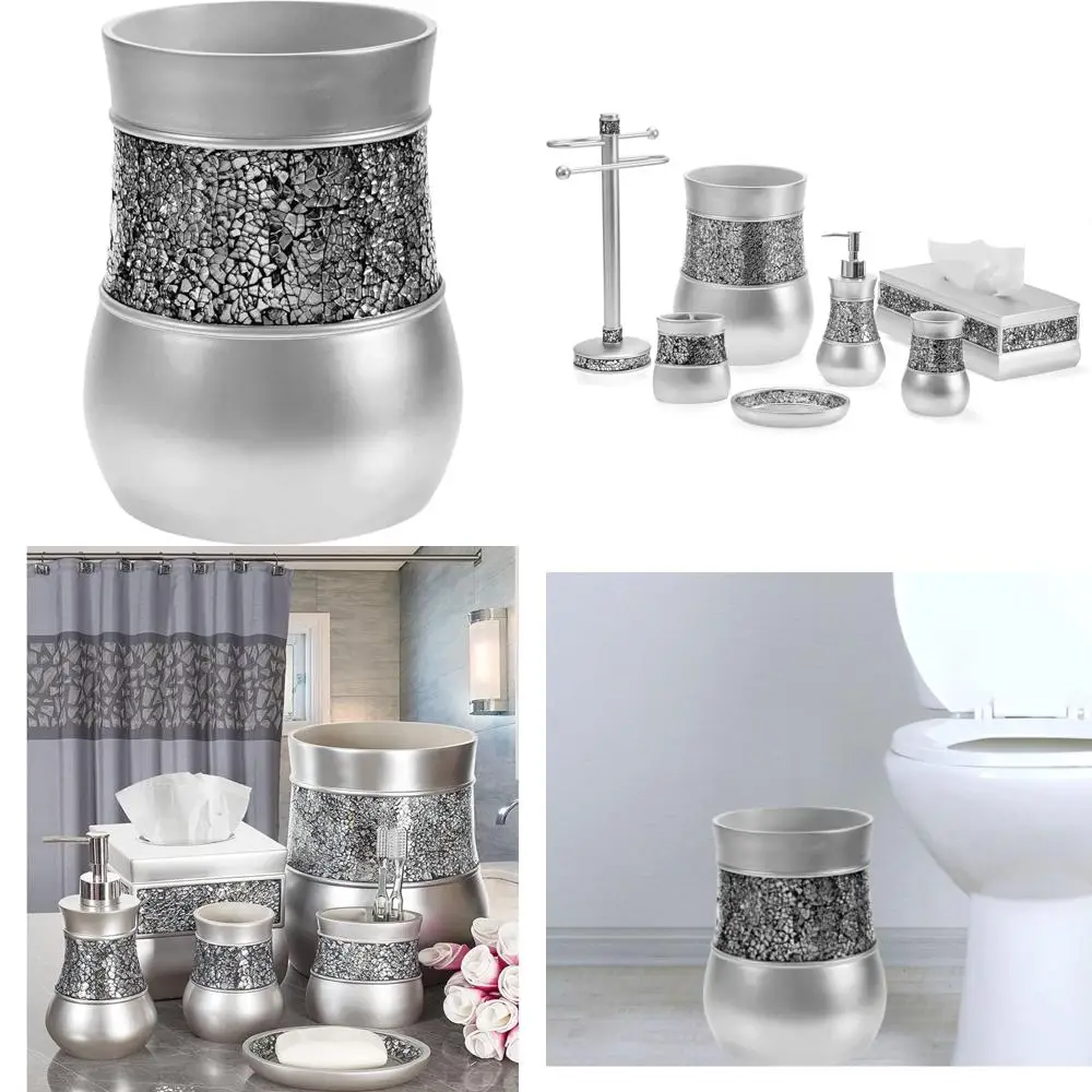 

Decorative Crackled Glass Silver Bathroom Trash Can - 7.8 Liter Small Waste Basket for Powder Room, Bedroom, and More