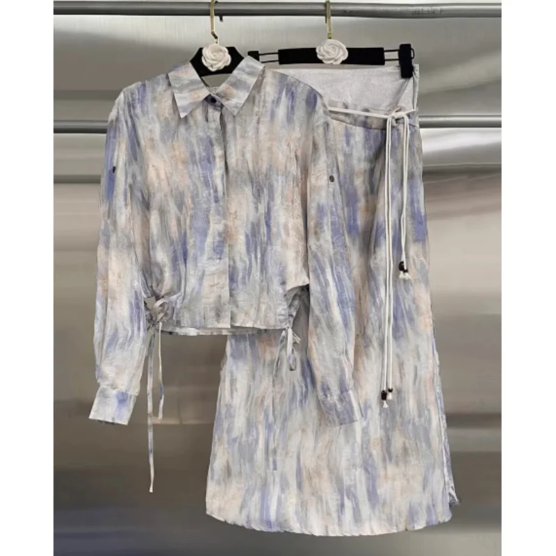 

﻿New Early Autumn Casual Style Women's Two-pieces Set Gradient Striped Shirt Top A-line Split Patchwork Long Skirt Female Set