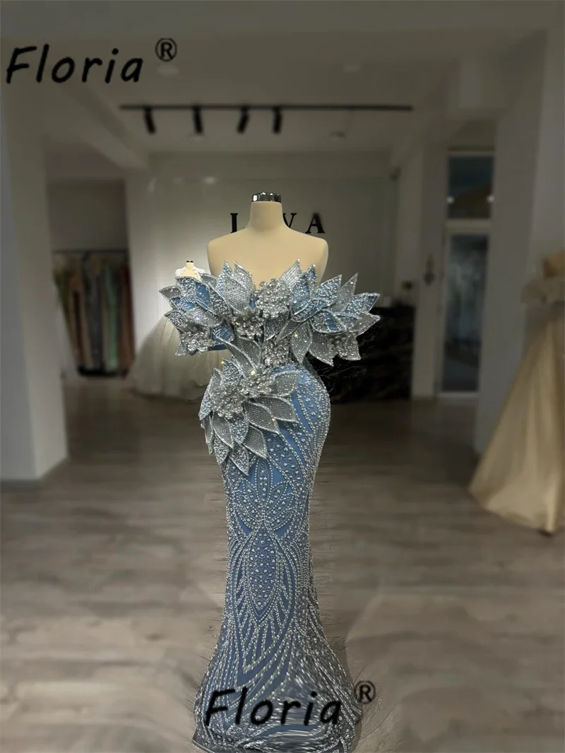 Luxo azul sereia vestido de noite com folhas 3d frisado apliques vestidos de festa de casamento 2026 novo dubai personalizado vestidos de gala