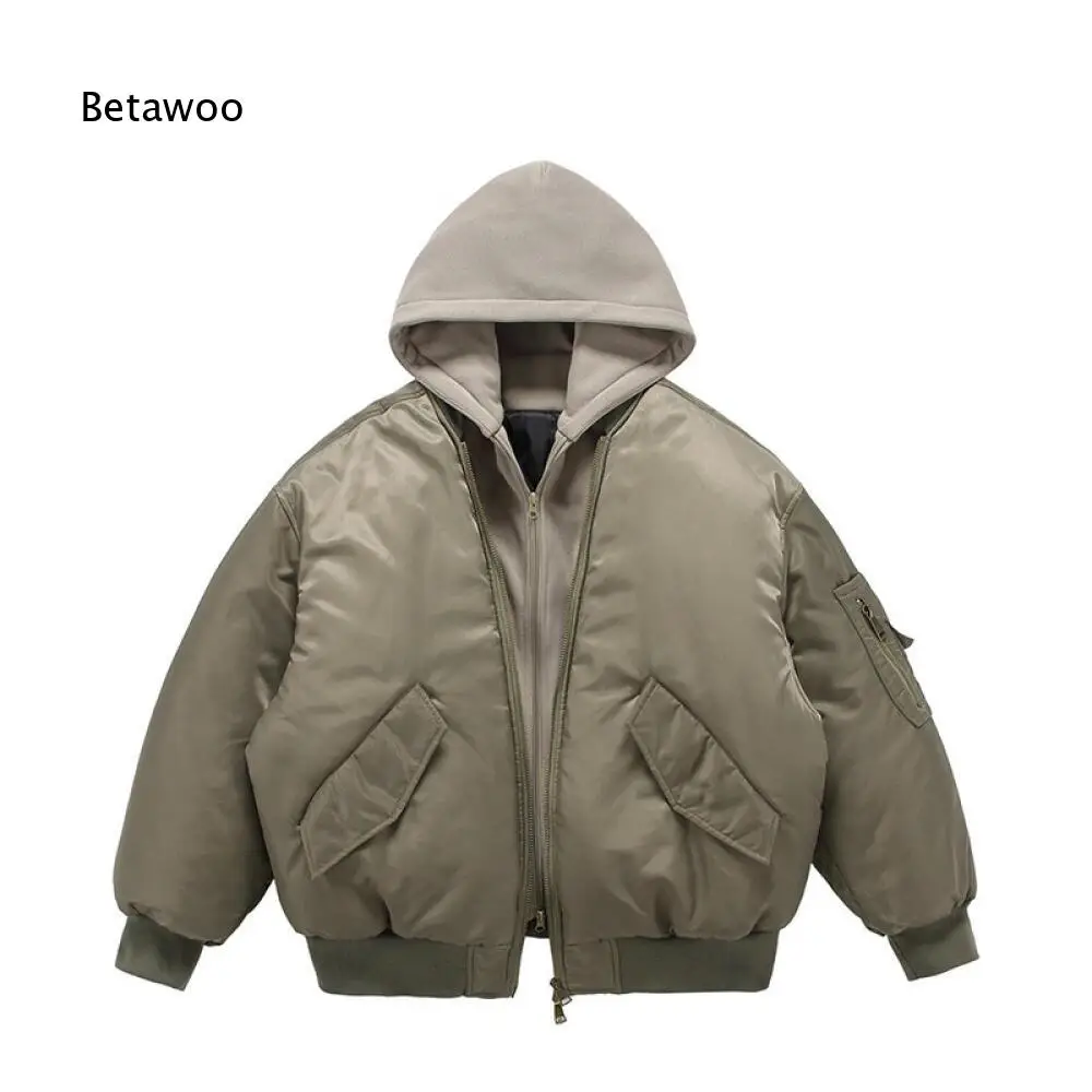 Winter Padded Bomber Outerwear For Men Fake Two Piece Hooded Design Full Zip Rib Cuff Hem Daily Casual Outer Jacket