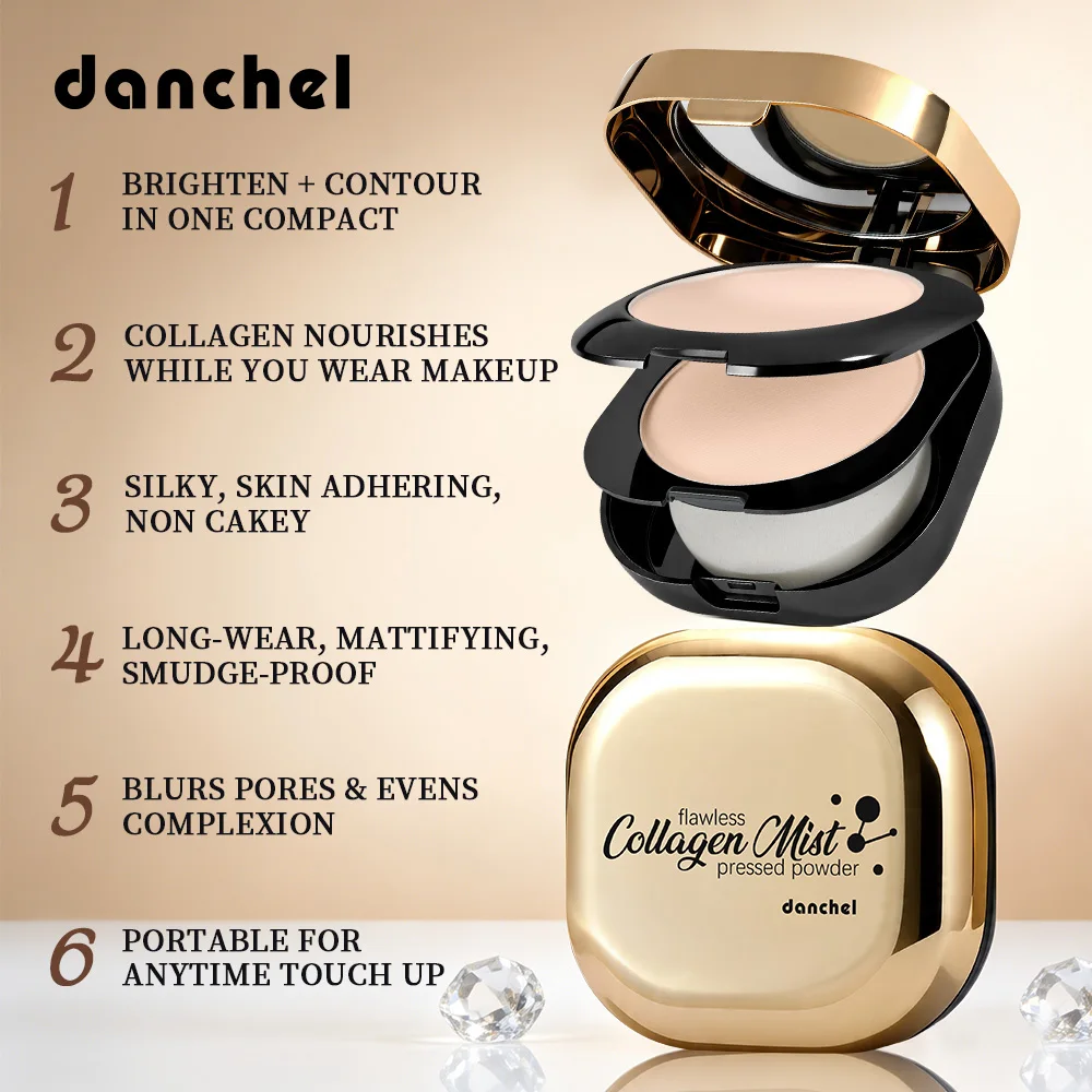 Collagen Pressed Powder Brightening & Contour 2 IN 1 Strong Oil Control Fine Silky Blendable Texture Nourishing Collagen Powder