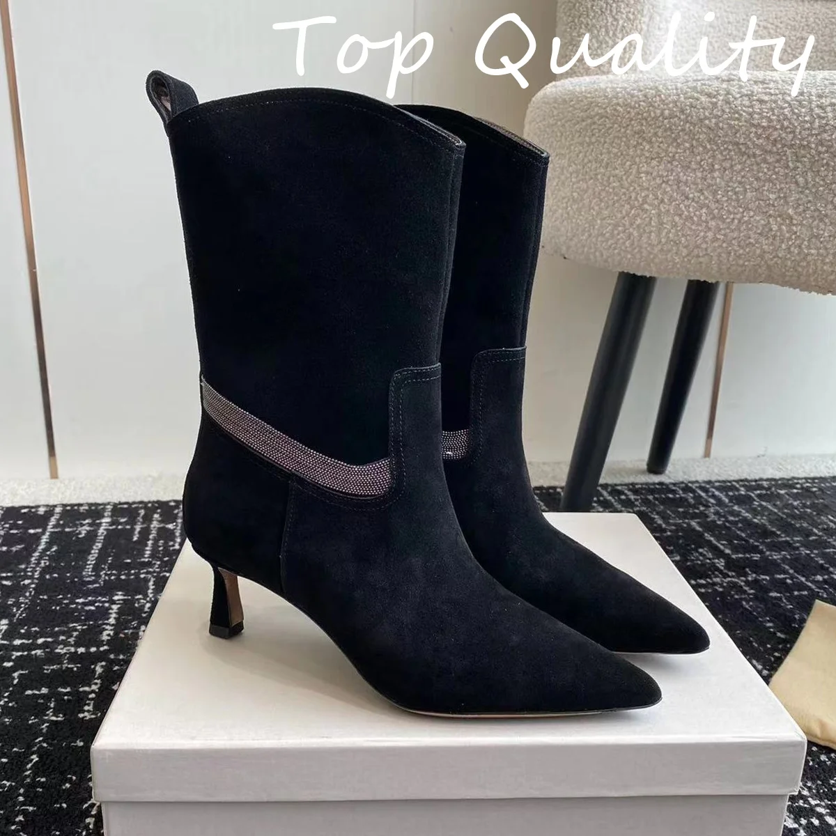 2025 New Women's Pointed boots stiletto heel Genuine leather material High Heels Short Boots Woman Pointed Toe High Quality