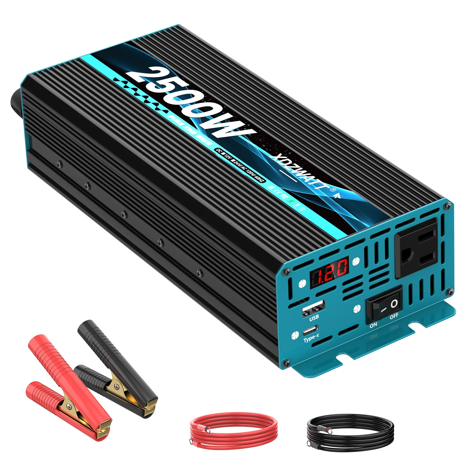 1000W Pure Sine Wave 2500W Peak Power Inverter 12V DC to 110V 120V AC Car Converter for Vehicles LED Screen Display, 2 AC Outlets, 15W USB-C Charging Port, Car Plug Adapter for RV,Truck, Home, Camping, Laptop, Trip