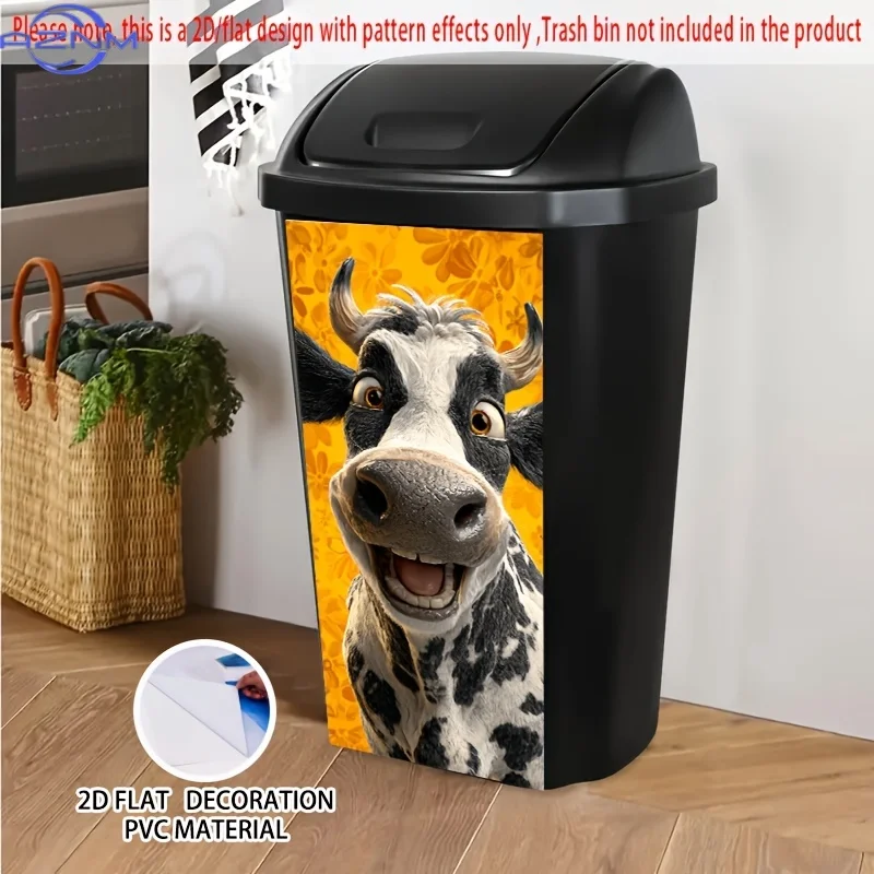 1pc Cheerful Farm Self-Adhesive Dustbin Sticker - x cm Laughing Cartoon Cow 2D Flat Design, Durable PVC Decorative Art for Tra