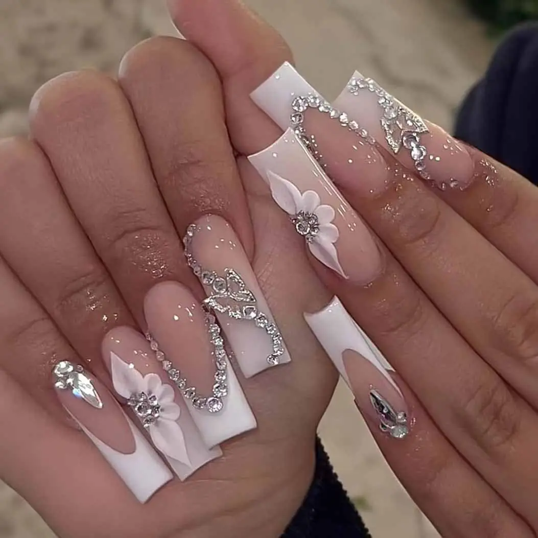 24 Piece Long Fake Nails with 3D Flower Design