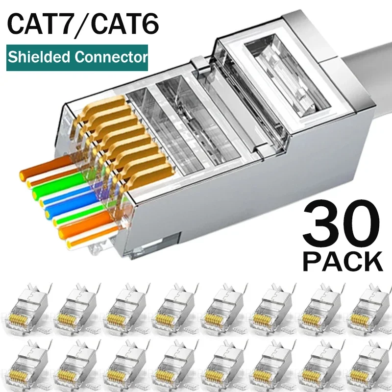 1/10/30Pcs ผ่าน RJ45 Cat7/Cat6/Cat5 ป้องกันตัวเชื่อมต่อคริสตัล End Gold-Plated 8P8C CRIMP UTP Ethernet Modular Plug