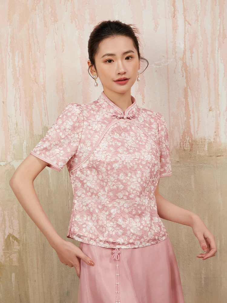 

New Chinese Style Short Sleeve Shirt Women's Top Button Design Summer Retro Polyester Fabric Floral Embroidery