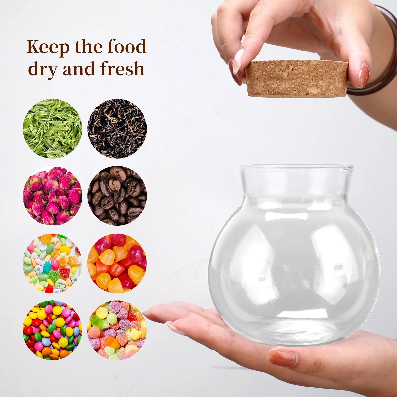 

500ML Thickened Spherical Glass Transparent Food Storage Container with Cork Lids Large Capacity Sealed Glass Bottles Organizer