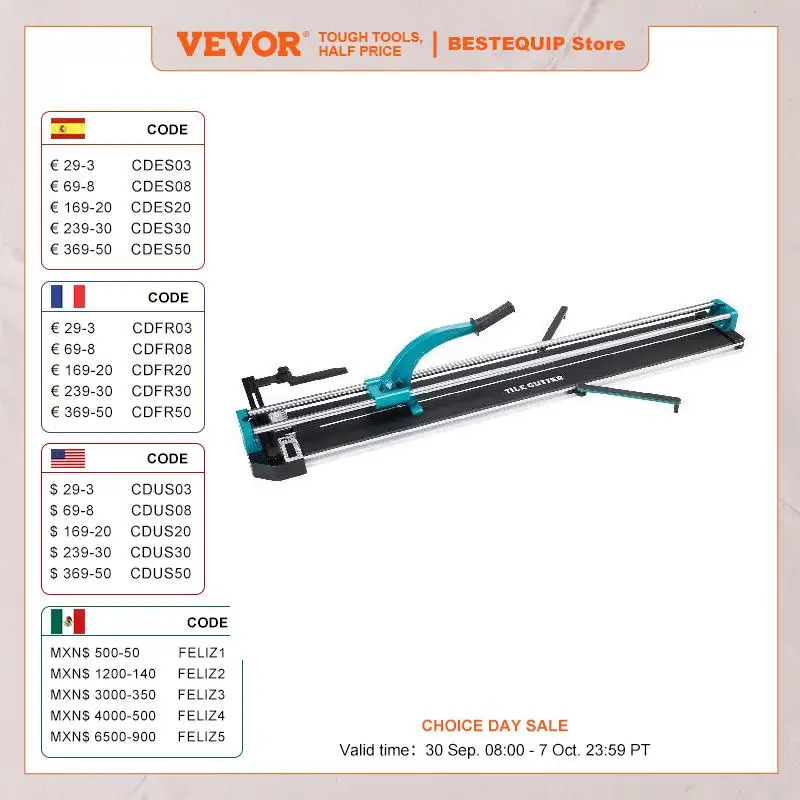 VEVOR Manual Tile Cutter 48 in Porcelain Ceramic Tile Cutter with Tungsten Carbide Cutting Wheel Infrared Positioning Anti-Skid