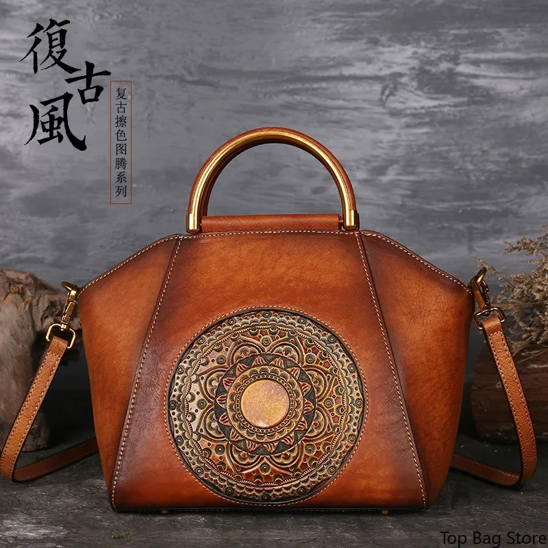 Genuine Leather Satchel Bag for Women Vegetable Tanned Embossed with Detachable Strap Refined Luxury Shoulder Bag