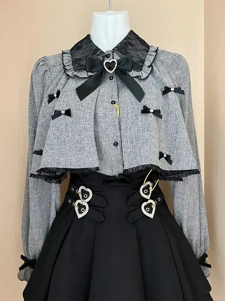SOIOMES Japanese-style mass-produced new cute and sweet short cape-like shawl with bow and heart patterned shirt and skirt set