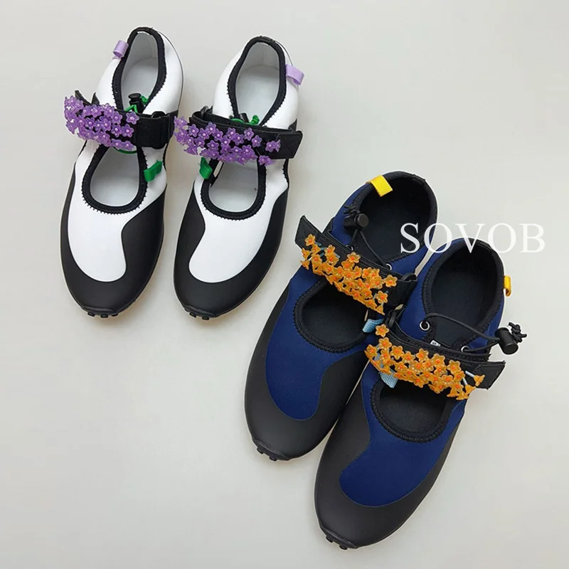 Spring Autumn Crystal Flower Decorative Ballet Shoes Women Color Blocked Breathable Shallow Mouth Flat Bottom Mary Jane Shoe