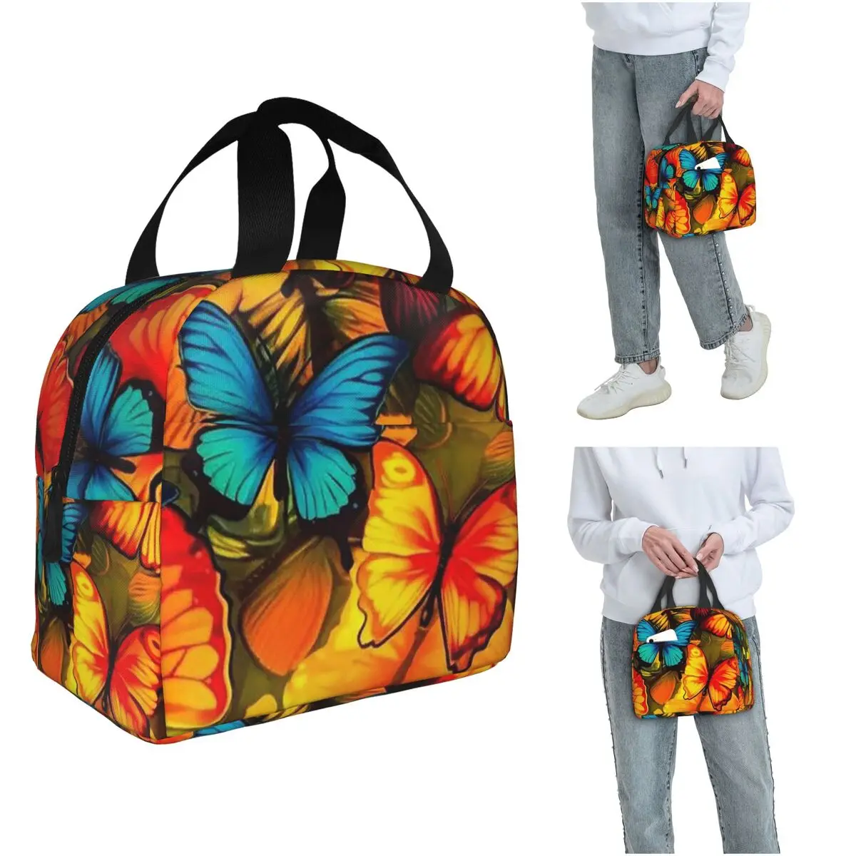 A Butterfly Vintage Pattern Insulated Lunch Bag for Women Children Leakproof Food Boxes Thermal Lunch Box Tote