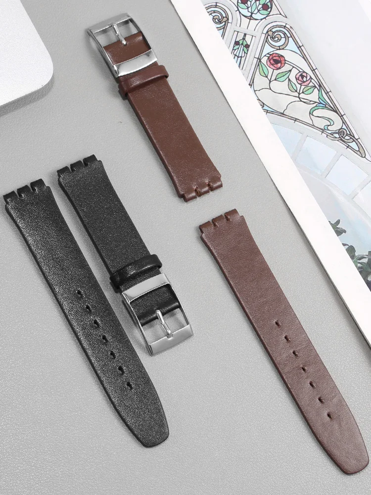 Correa de reloj de cuero genuino para hombre y mujer, pulsera de cuero vacuno suave, 16mm, 17mm, para Swatch SS07S101 SS07S104, accesorios de repuesto