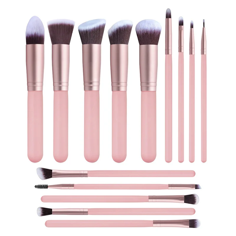 

14-Piece Pink Makeup Brush Set - Soft, Wooden Handle, Essential Kit Eyeshadow & Blush Application
