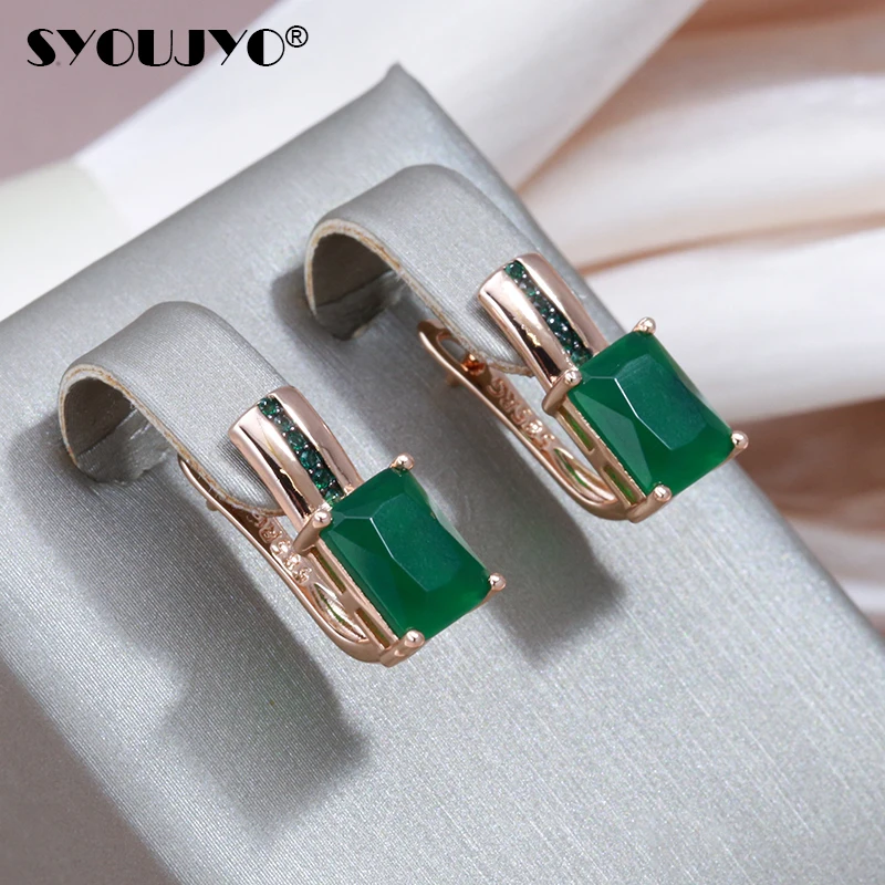 SYOUJYO Square Green Opal Natural Zircon English Earrings For Women Vintage 585 Rose Gold Color Fine Jewelry Black Plating Rings