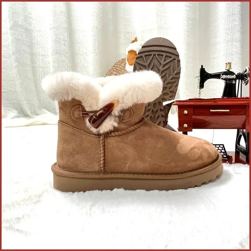 2025 New Winter Women's Boots with Horn Button Wool Chestnut Snow Boots Fur Ankle  Plush Thick Bottom Shoes