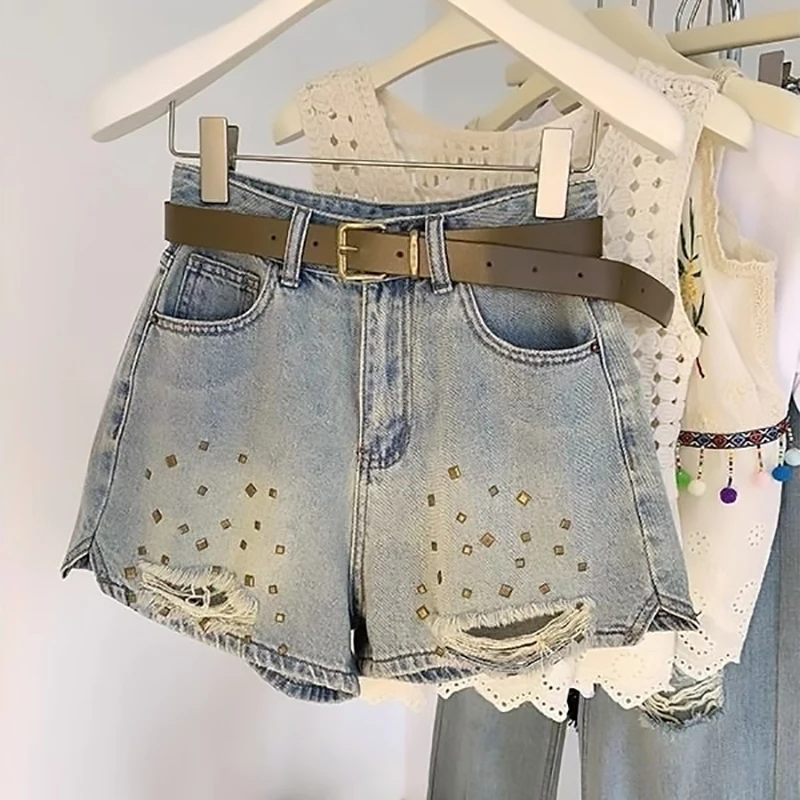 

Женские джинсовые шорты с рваными элементами и стразами, летние, на молнии, с высокой талией, укороченные, 2026, новые, винтажные, повседневные, для города
