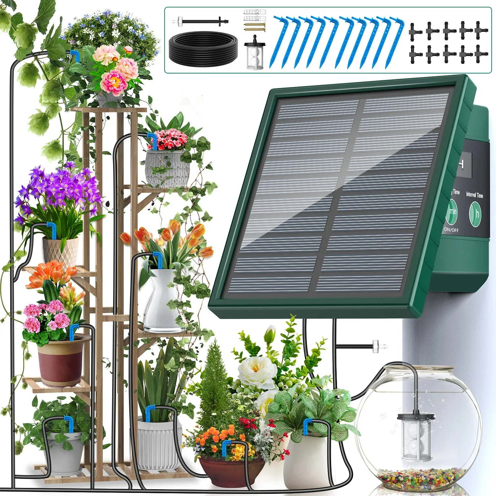 Solar Drip Irrigation Watering System with 300 Watering Programmes, Garden Balcony Watering Kit with 10M Hose&10 Drip Tips Etc