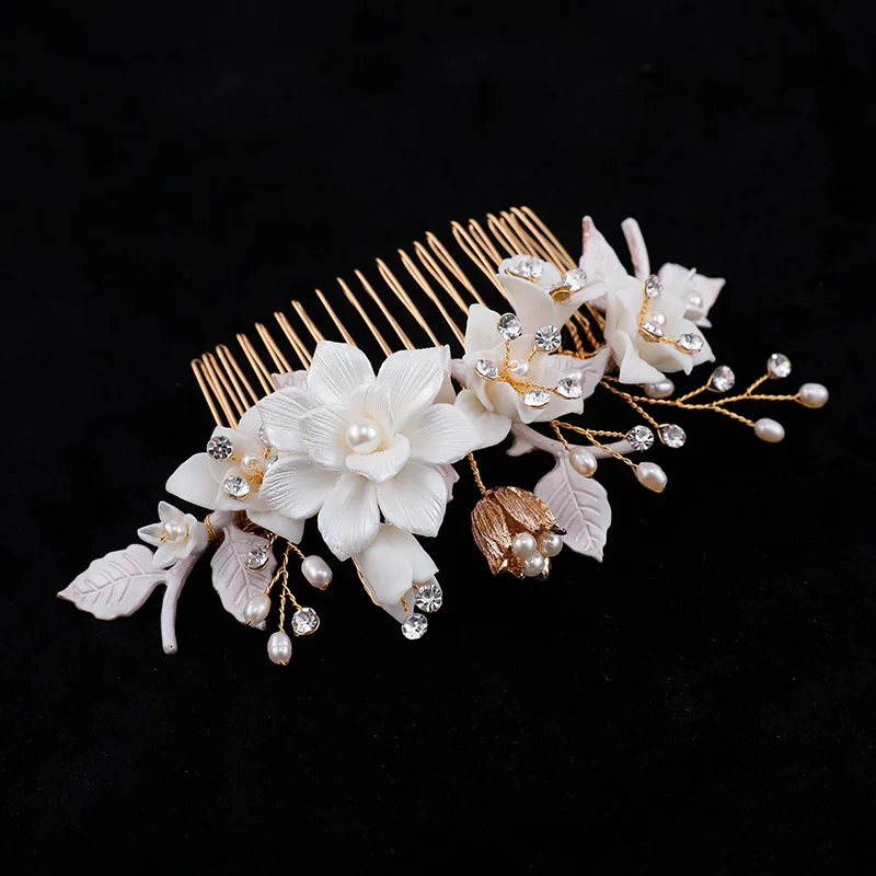 Bridal Hair Piece Comb Ceramic Floral Women Freshwater Pearls Jewelry Gold Color Wedding Headpiece Accessories