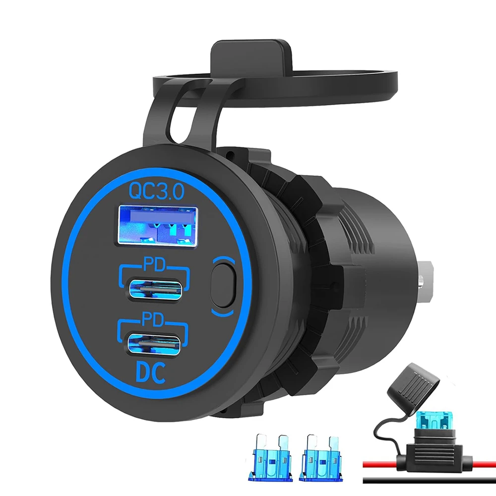 12V USB Outlet 78W Dual 30W PD & 18W QC3.0 Multi Port Charger with Button Switch Waterproof for Car RV Marine Truck Motorcycle