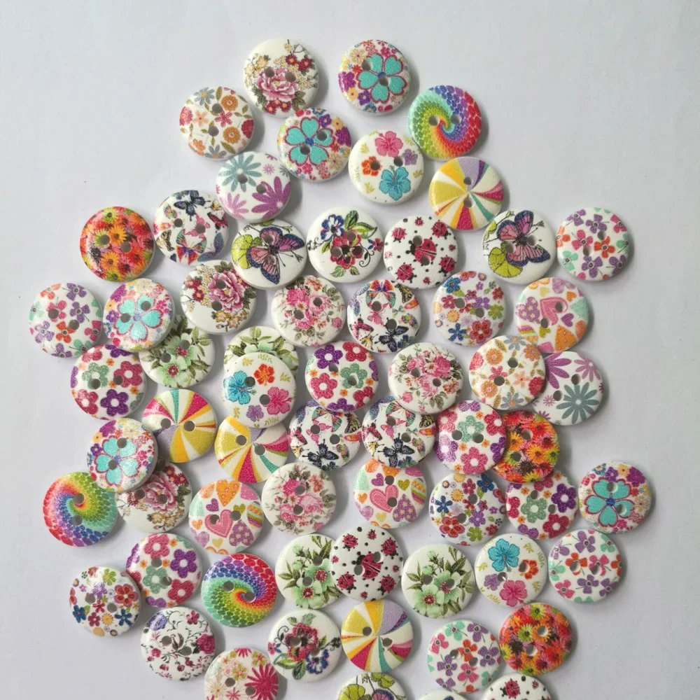 50Pcs 2 Holes Wood Buttons Craft Handmake Scrapbooking Sewing Clothing Accessories 15mm Buttons Flower Painted Sewing Crafts