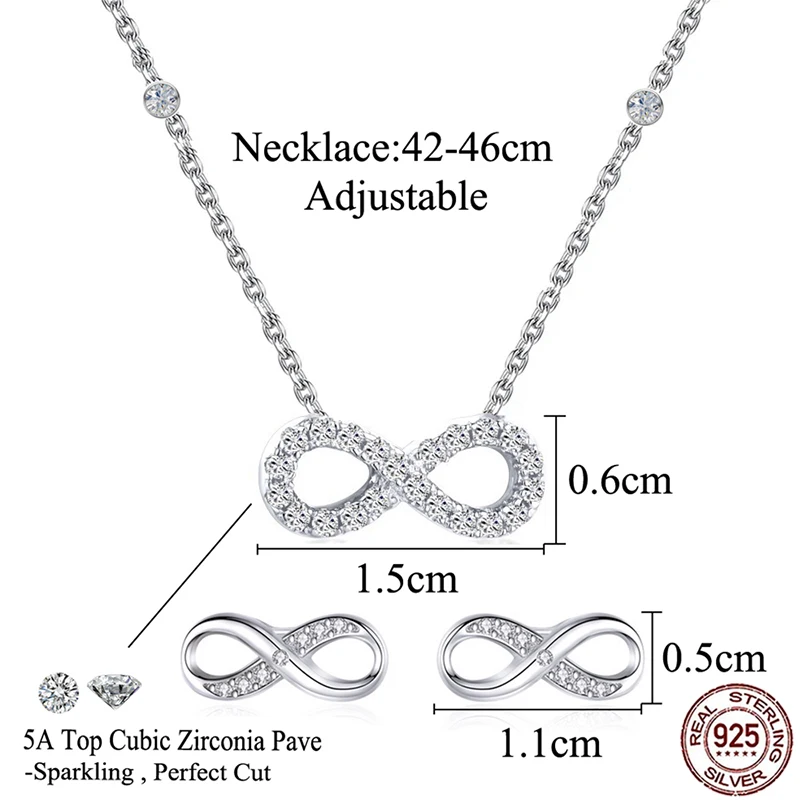 CWWZircons S925 Sterling Silver Classic Cubic Zirconia Infinity Necklace Earrings for Women Wedding Banquet Jewelry Sets ST016