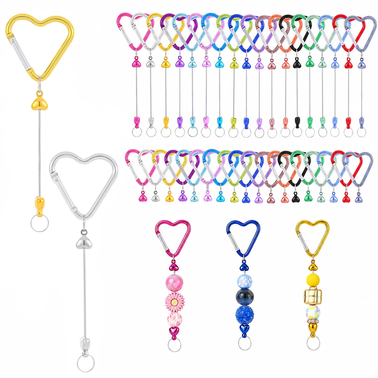 12 Stück DIY Perlen-Schlüsselanhänger-Stäbe mit Herz-Karabinerverschlüssen, Metallrohlinge für Schlüsselanhänger und Schmuckherstellung, Bastelzubehör – Detail 1