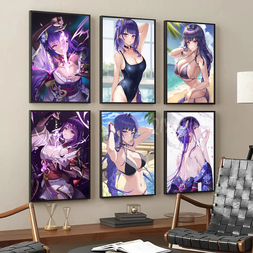 

Genshin Impact Accounts Raiden Shogun Anime Girl Poster Self-adhesive Art Waterproof Paper Sticker House Bar Room Wall Decor