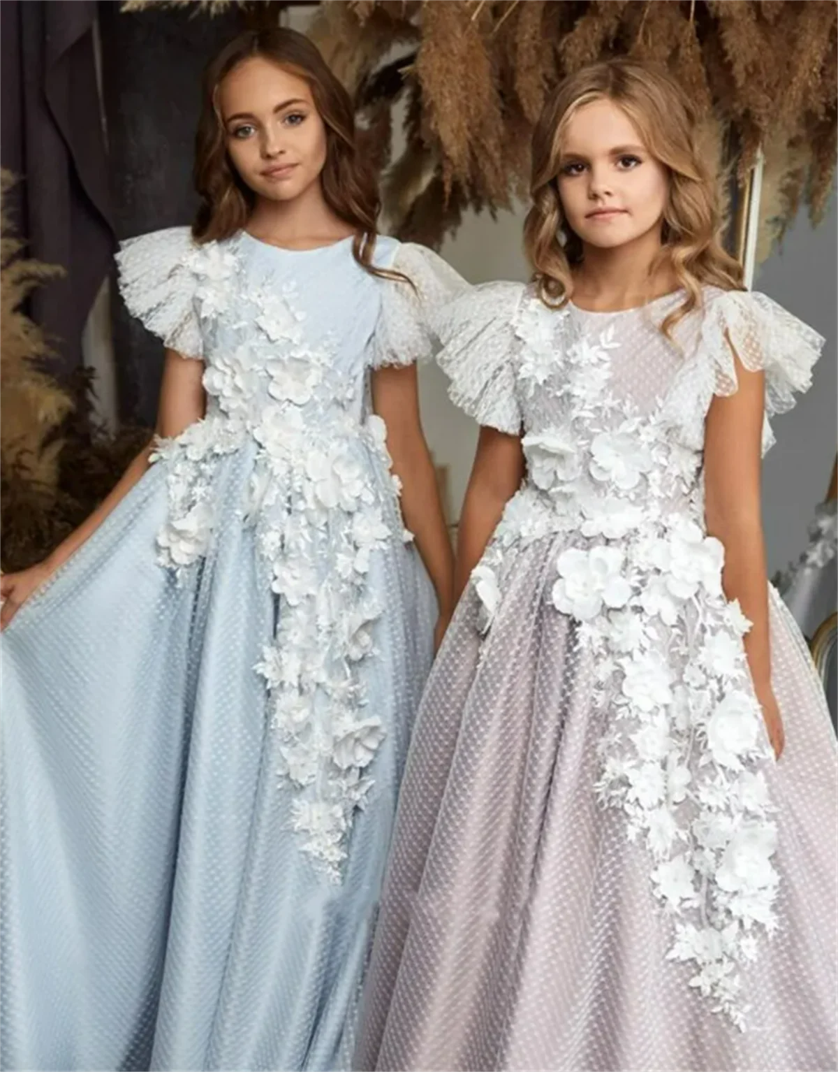 ชุดสาวดอกไม้ซาตินTulle Appliqueลูกไม้แขนสั้นงานแต่งงานElegantดอกไม้เด็กFirst Eucharistชุดวันเกิด