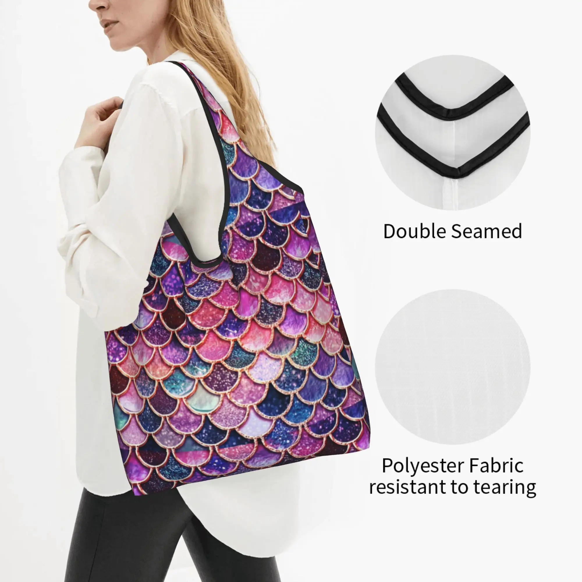 Pink Sparkle Faux Glitter Mermaid Scales Grocery Shopping Bag Funny Shopper Tote Shoulder Bag Large Capacity Portable  Handbag