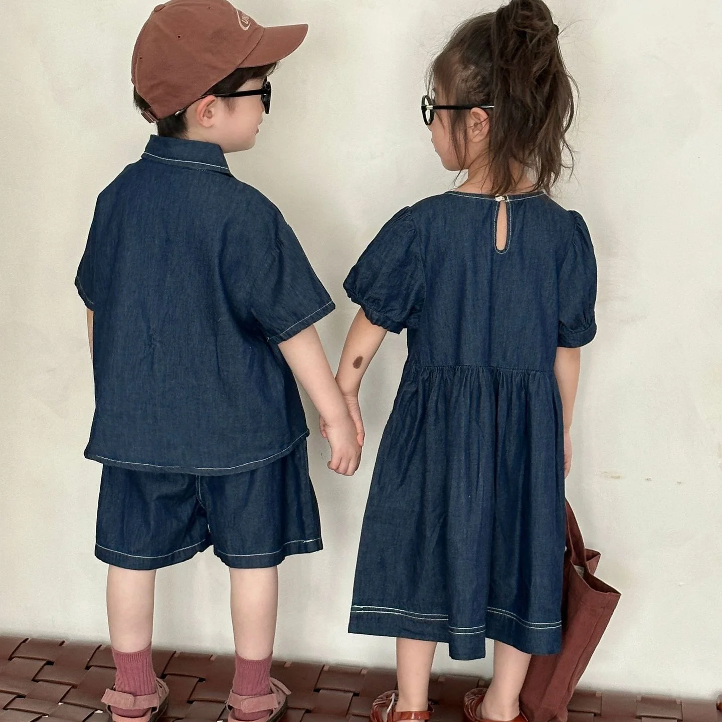 2026 Summer New Casual 1-12 Years Kids Brother Sister Family Matching Outfits Cotton Denim Girl Dress Boy Shirt Shorts Set