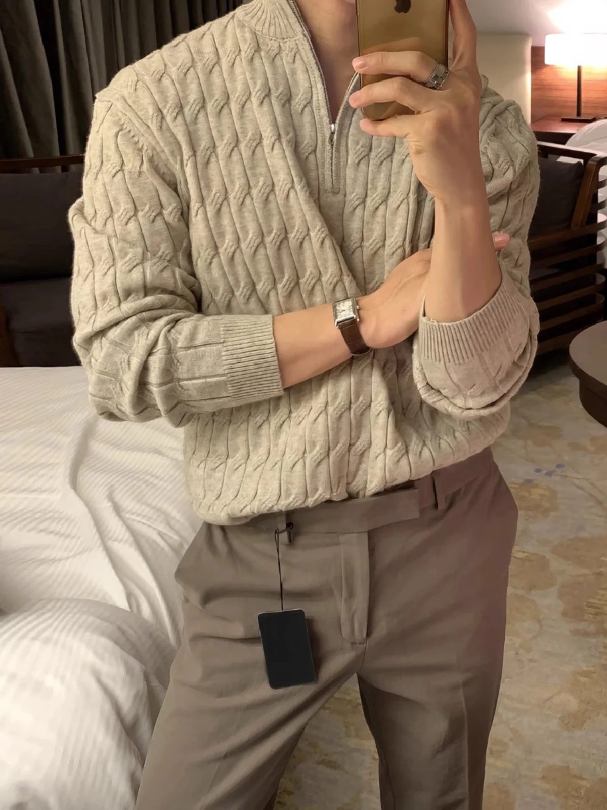 

Korean Sle Loose Long Sve Knitwear Khaki f High Collar Men's Simple High-End Feeling Casual Sweater Winter Youth Faion