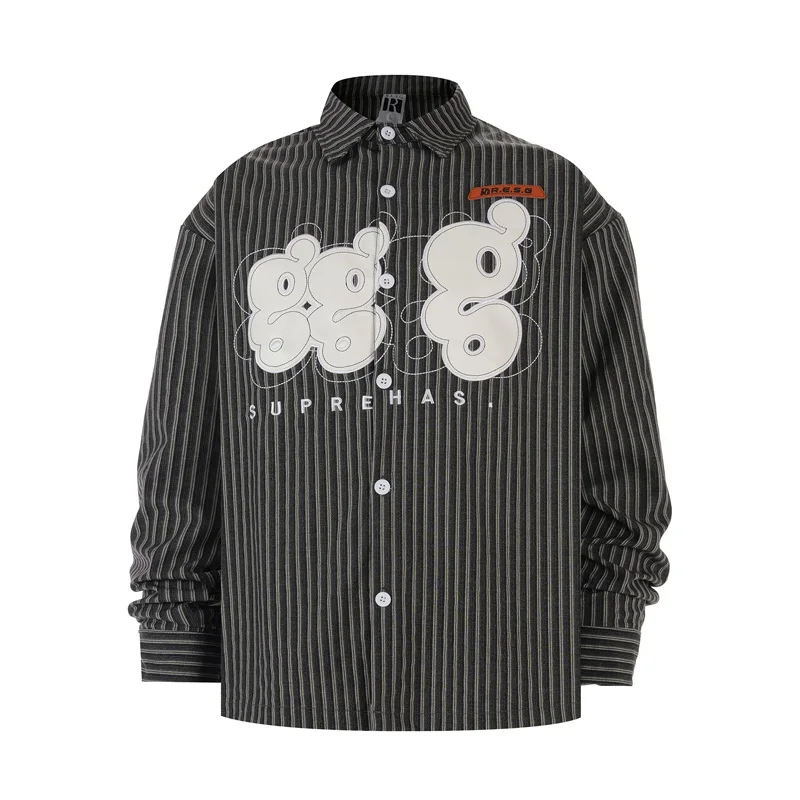 Vertical Striped Long Sleeve Shirt Embroidery Applique Patch Streetwear Loose Shirt Men Women Leather Label Casual Blouse Autumn