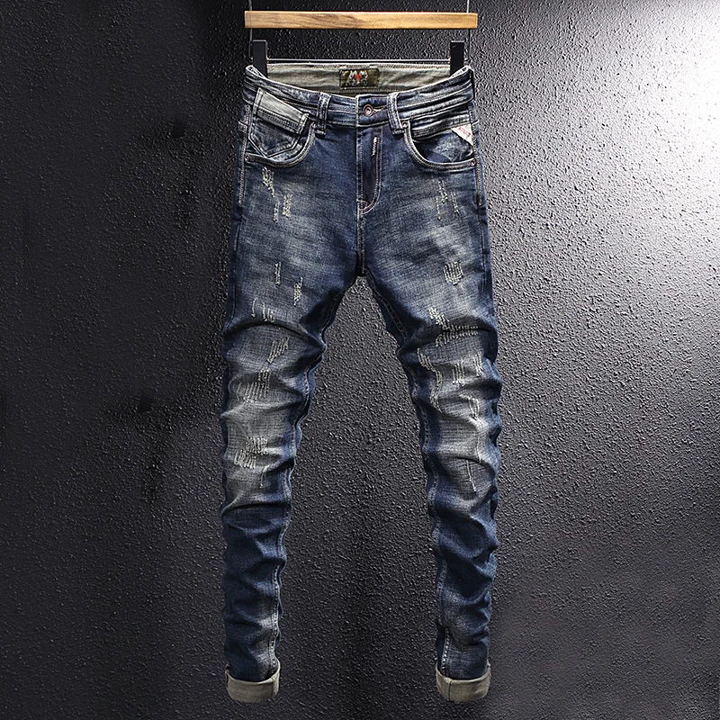 

Italian Style Fashion Men Jeans Retro Black Blue Elastic Slim Fit Ripped Jeans Men Trousers Vintage Designer Casual Denim Pants