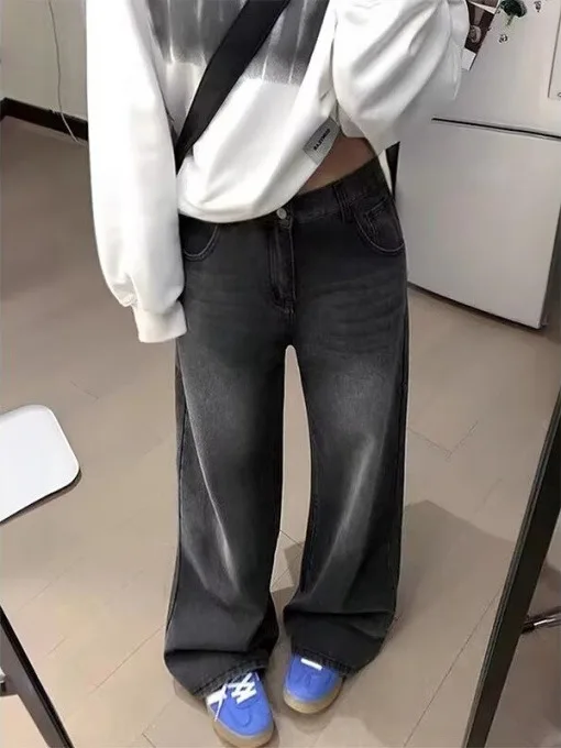 High Waist Straight Leg Jeans Women's Loose Fit Slimming Wide Leg Pants for Pear Shaped Body Fall New Style Black Grey Denim