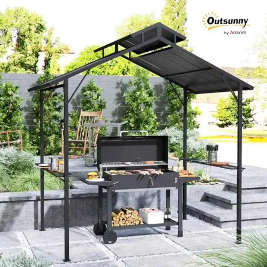 8' x 5' Hardtop Grill Gazebo Outdoor BBQ Gazebo with Double Metal Roof 2 Side Shelves and 10 Hooks Grill  for Patio Backyard La