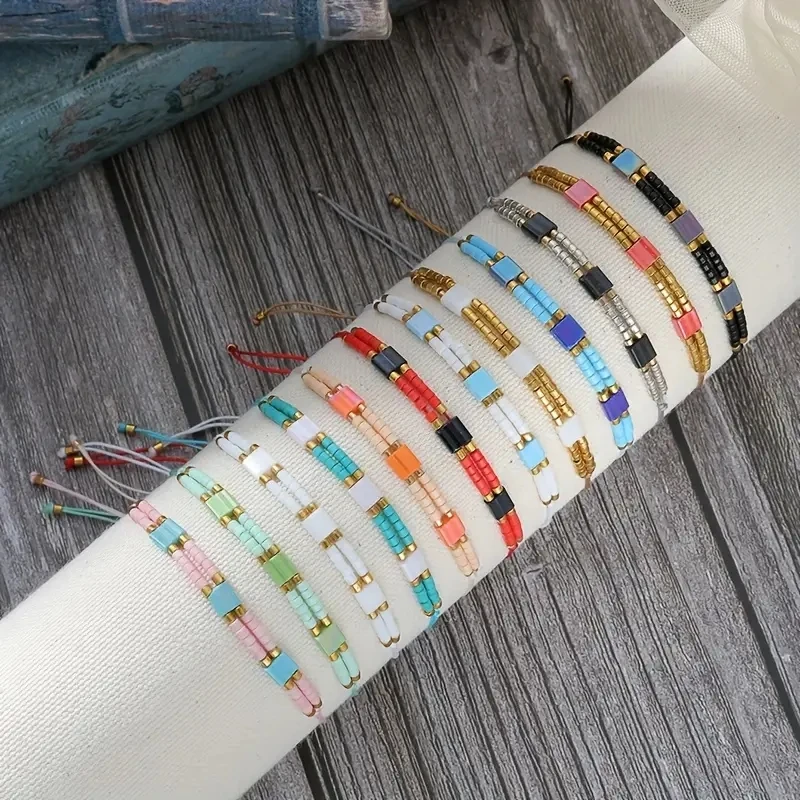 12pcs/set Multiple Colors Small Bead Woven Bracelet Set Adjustable Bracelet Gifts For Couples Unisex Jewelry