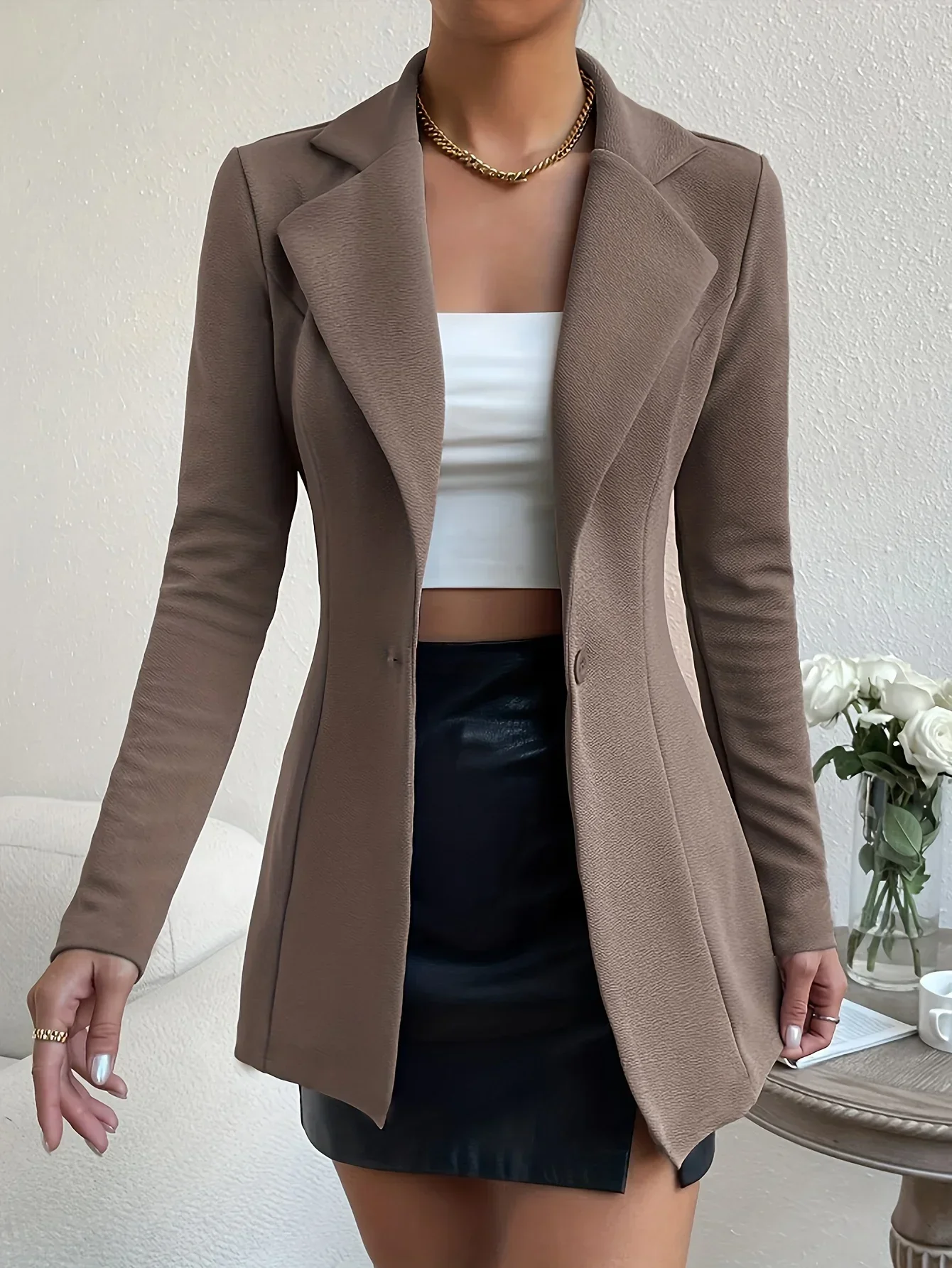 Solid Button Front Blazer, Elegant Long Sleeve Slim Blazer For Office & Work, Womens Clothing