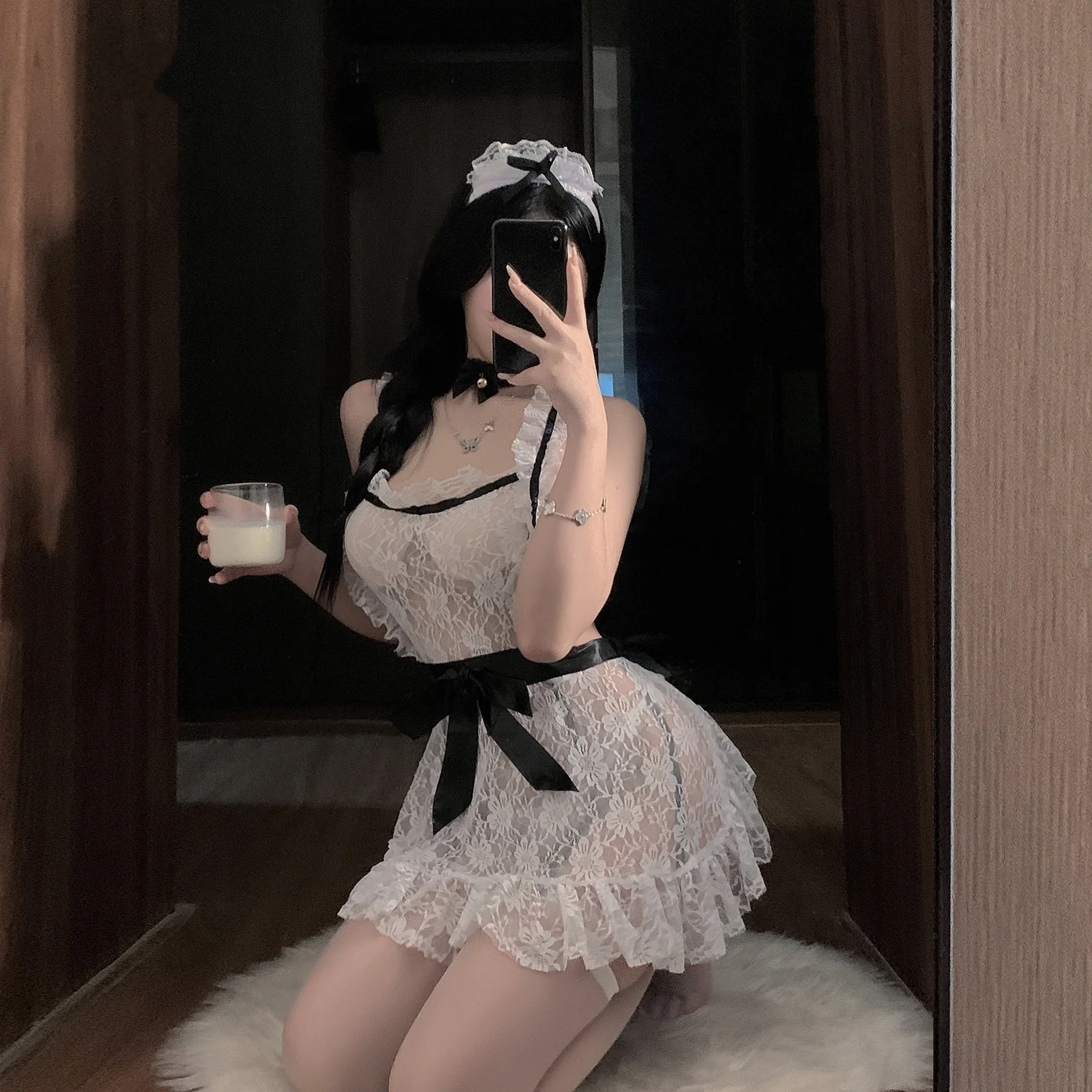 2026 New Sexy Lingerie Jumpsuit Maid Maid Bow Suspender Socks Uniform Seductive Lace Stockings Back Hollow Nightclub Clothing view 6