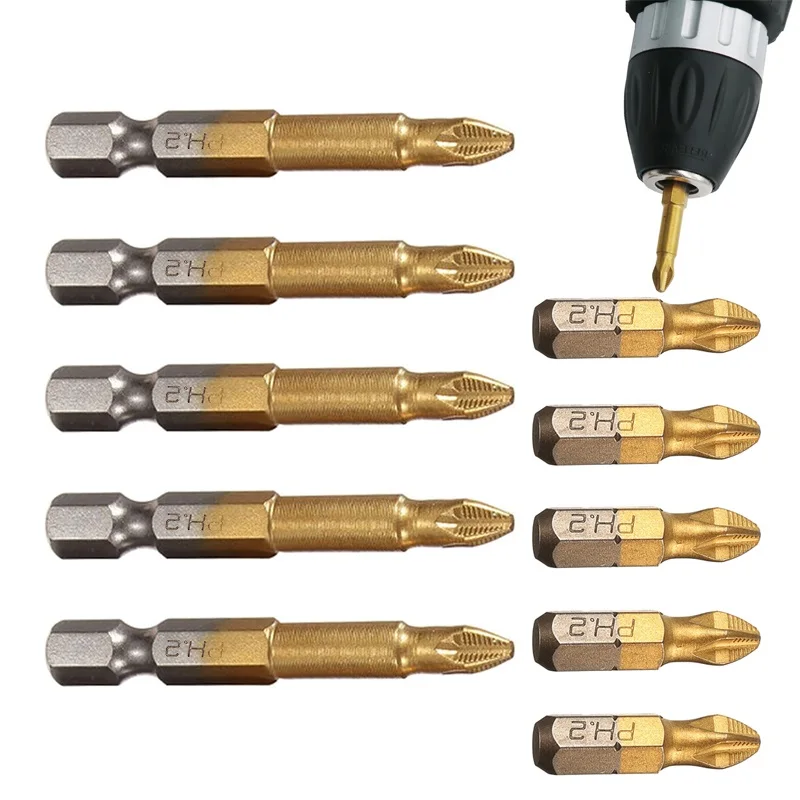 

Household Accessories Tools 1/4" Titanium Coated Anti Slip Phillips Hex Shank PH2 Screwdriver Bit 25/50mm With Magnetic Bit