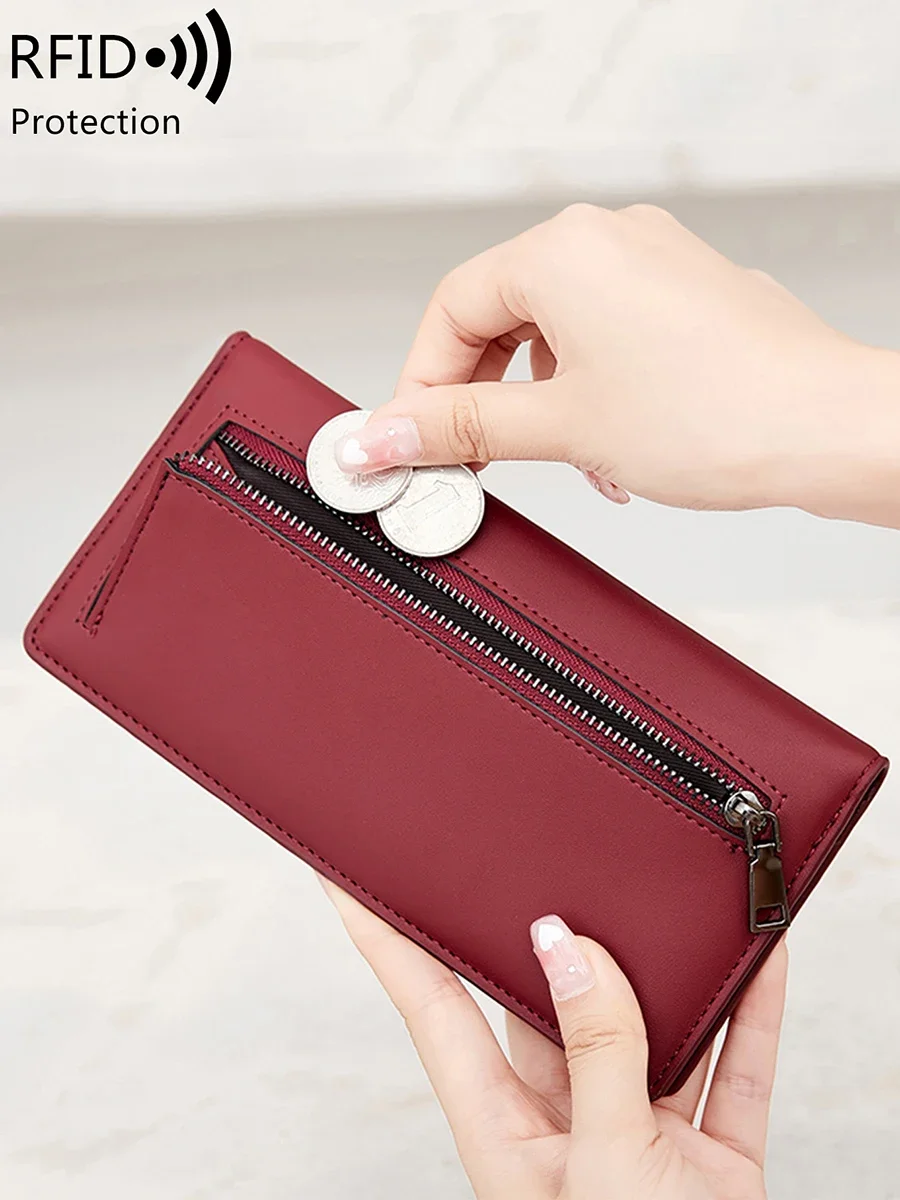 Cartera larga minimalista ultrafina para mujer, billetera plegable doble de PU, monedero multifuncional para tarjetas de crédito, bolso de mano