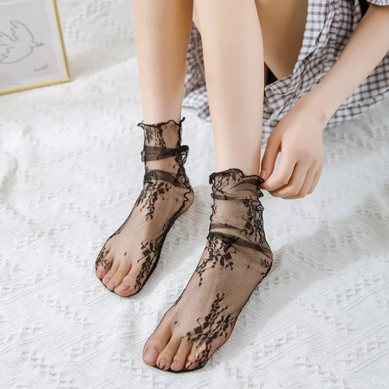 

Women Sweet Mesh Ankle Socks Floral Lace Jacquard Frilly Thin Hosiery 15UB