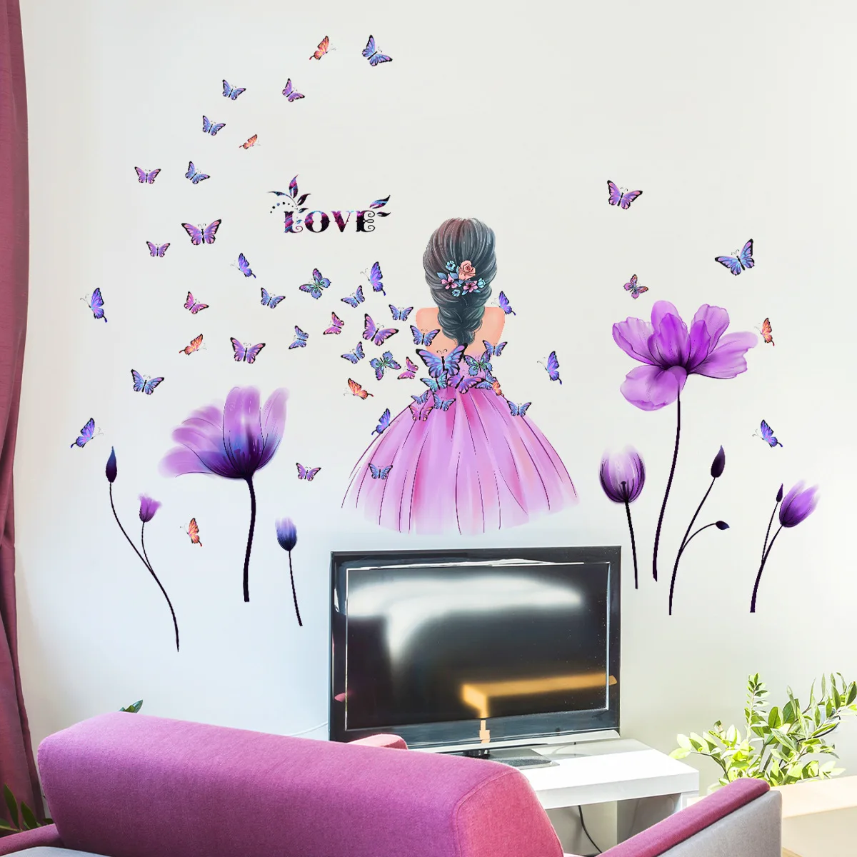 4pcs Wall Sticker Tulip Little Girl Butterfly Cartoon Wall Sticker Children's Room Decoration Self-adhesive Mural Wall Sticker