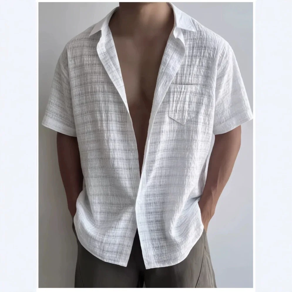 Summer Texture Pleated Men's Pocket Short Sleeve Shirt Loose Casual Cuban Collar White Shirt Men