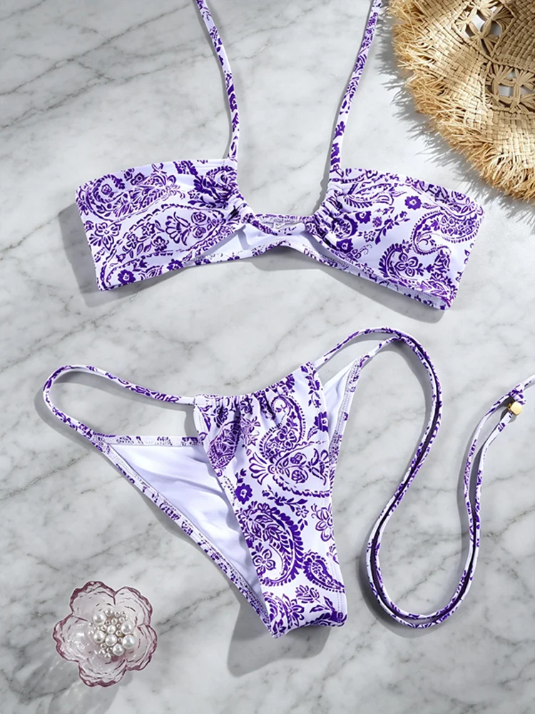 Rinabe Halter Bikini Print Bikinis Bandage Swimsuits Purple Swimwear High Cut Swimsuit Two-Piece Bathing Suit